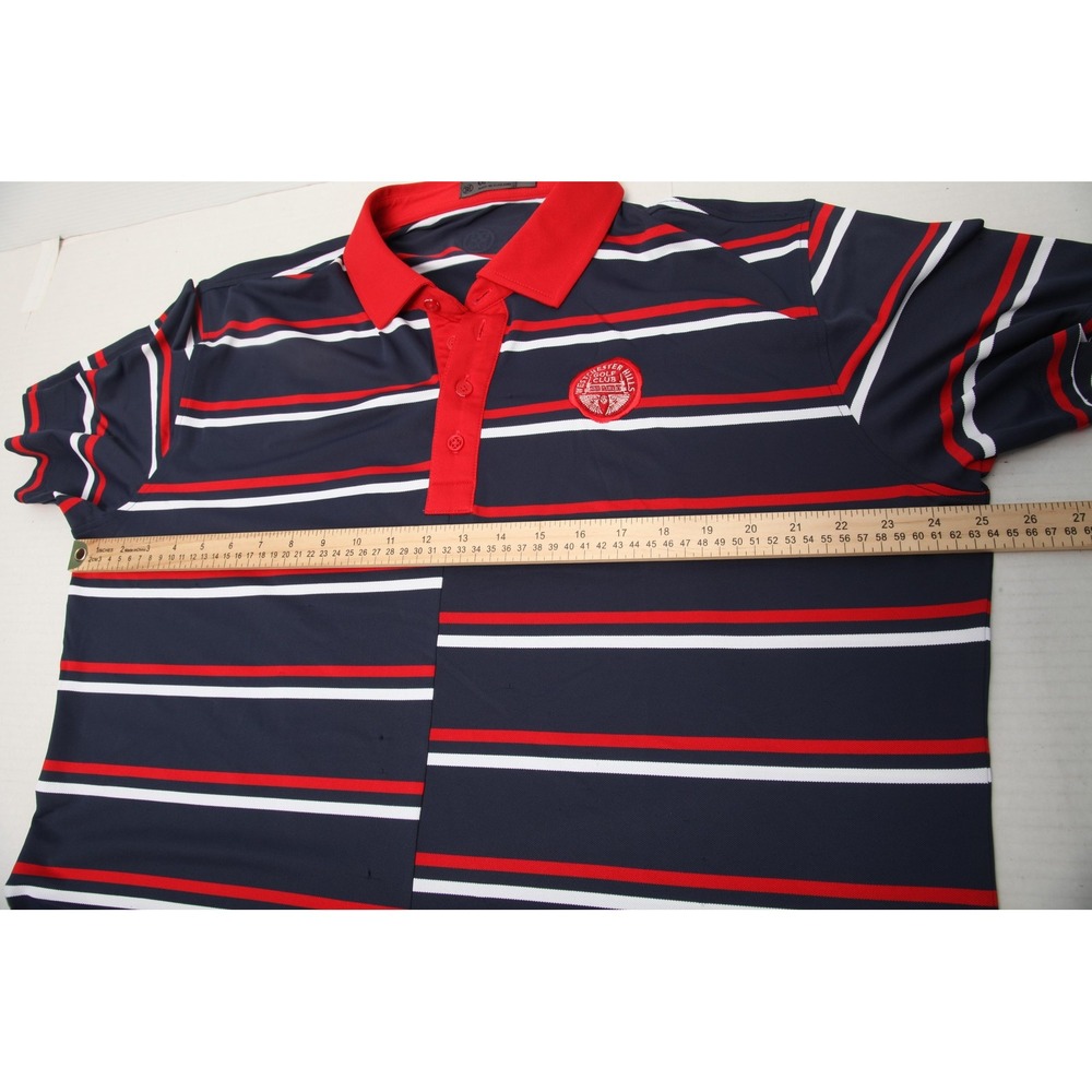 G/FORE Polo Shirt Mens Extra Large Navy Red Stripe Westchester Hills Golf Club - Picture 9 of 13